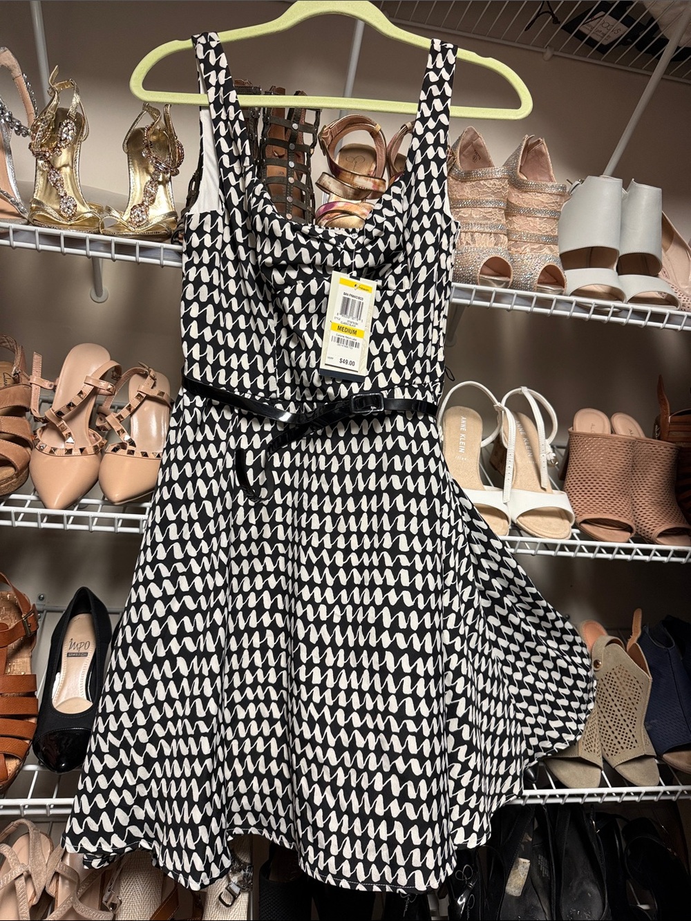 Black & White Geometric A-Line Dress with Slim Belt